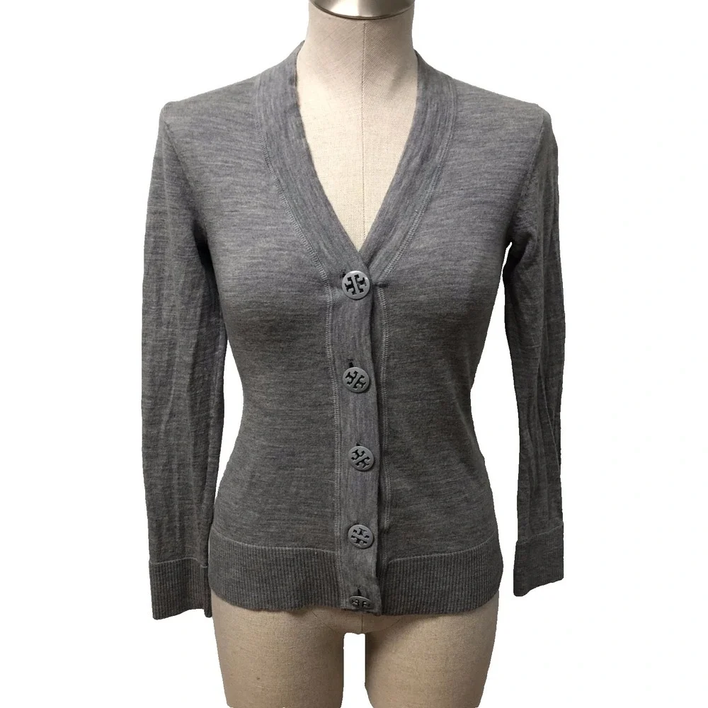 Tory Burch‎ Merino Wool Cardigan Sweater Jumper Womens XS Gray Classic Old Money
